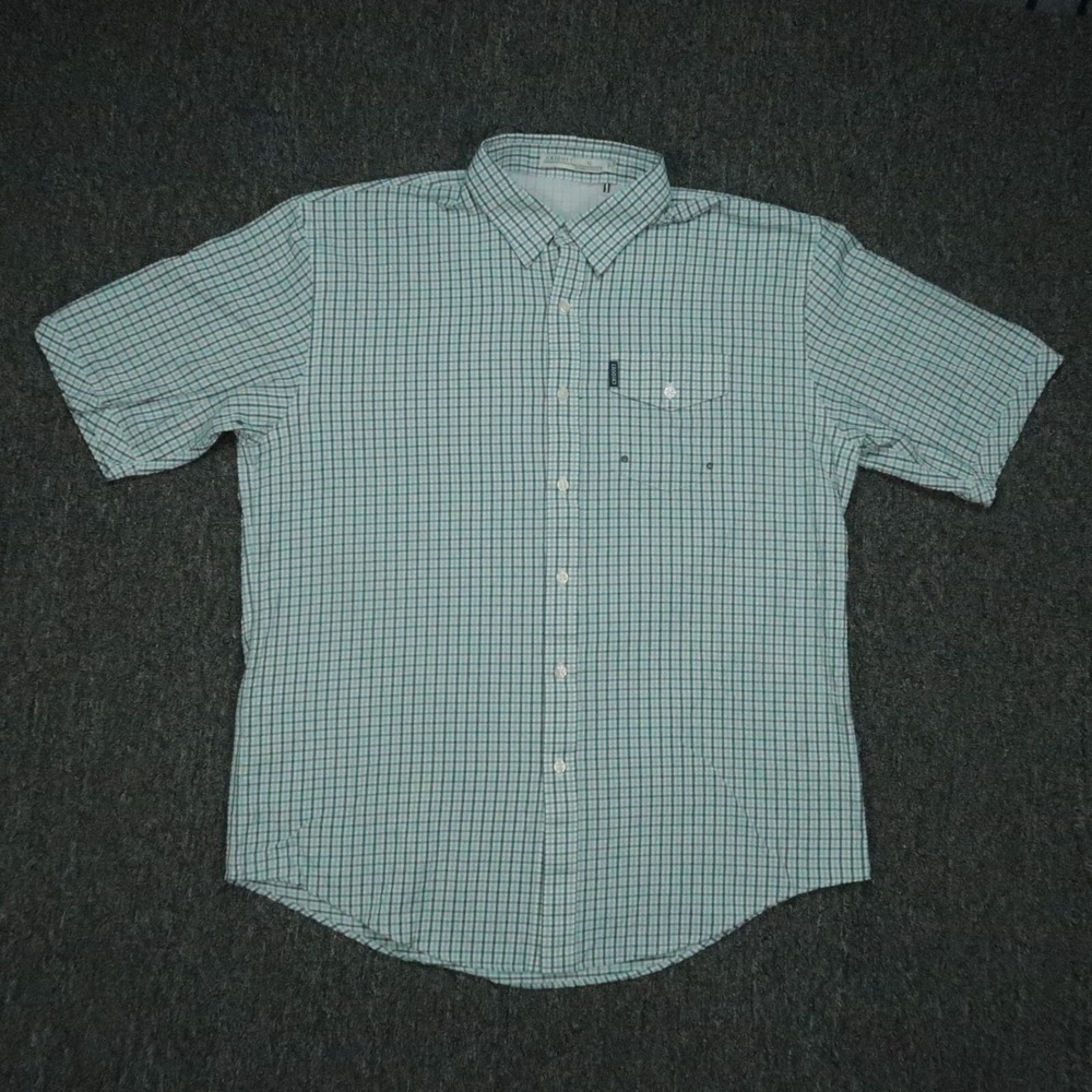 Criquet Shirt Mens Extra Large Blue White Plaid Short Sleeve‎ Button Seersucker